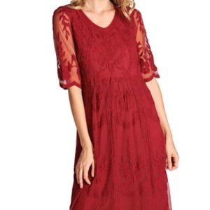 🆕 Orange Creek Maroon/Burgundy Midi Lace Dress